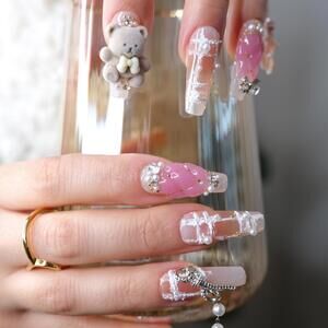 Handmade Press On Nails Coffin Long White Crochet Pearls | Beary Boujee | Size L
